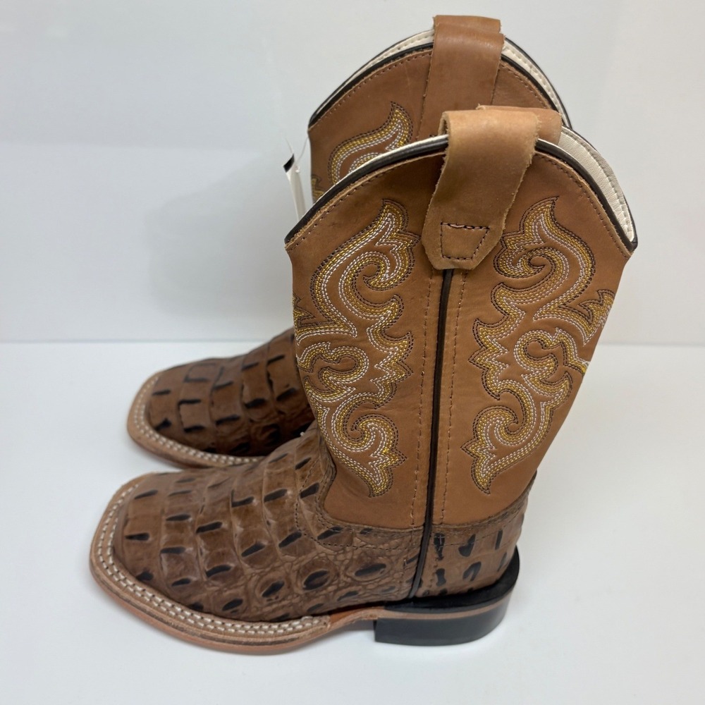 Old West Toddler boys 8.5D Chocolate Croc Print Tan Cowboy Boots Square Toe